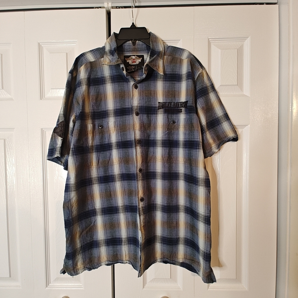 Harley Davidson Motorcycle HDMC Size L Men’s Button Up Blue Tan Plaid Shirt EUC